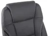 A close-up view of the headrest and upper back of a black office chair with white stitching. Voir les images du produit