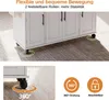 A white kitchen island with black handles and wheels is shown on a carpeted floor. The image highlights the wheels and their movement. Produktbild-Vorschau
