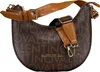 A brown Valentino Bags Beuteltasche Regina handbag with a repeating logo pattern and tan leather straps, presented against a white background. Produktbild-Vorschau