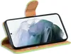 A green and brown flip case for a smartphone is shown open, with the phone inside. Produktbild-Vorschau