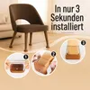 A chair with protective caps on its legs, with instructional images showing how to install them. Produktbild-Vorschau