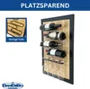 A wall-mounted wine rack with four wine bottles and four wine glasses, set against a wood-textured background within a black frame. Produktbild-Vorschau