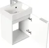 A white bathroom vanity with a sink and faucet, with one door open. Produktbild-Vorschau
