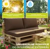 A pallet sofa with cushions is shown in an outdoor setting, with promotional text highlighting its durability and versatility. Náhľad obrázku produktu