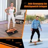 A collage showing two people using a wooden balance board, one indoors and one outdoors, with text overlays. Produktbild-Vorschau