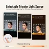 A marketing image showcasing a makeup mirror with different lighting options and a stepless dimming feature. Voir les images du produit