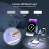 A charging station with a phone, watch, and earbuds, with text overlay describing its features. Podgląd zdjęcia produktu