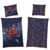 A collage of Spiderman-themed bedding items, including pillowcases and a duvet cover, displayed against a white background. Produktbild-Vorschau