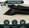 A black microfiber cloth is shown on a light-colored surface with a spill of liquid. Below the cloth are three circular icons with text describing product features. Produktbild-Vorschau