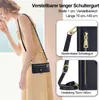 A woman wearing a dress and a black crossbody phone case with a gold zipper and strap. The image also includes close-ups of the strap and zipper details. Produktbild-Vorschau
