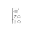 A shower set with a square overhead shower head, a handheld shower head, a shower arm, and hoses, laid out on a white background. Produktbild-Vorschau