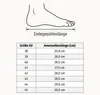 A diagram of a foot with a size chart for shoes. Produktbild-Vorschau