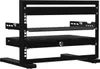 A black server rack with multiple shelves and a drawer, shown from a front-side angle against a white background. Produktbild-Vorschau