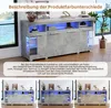 A gray sideboard with LED lighting is shown in a room with a window and a plant. Below the main image are three smaller images of the sideboard, likely showing different angles or color variations. Produktbild-Vorschau