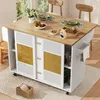 A kitchen island with a wooden countertop and white cabinets with gold accents, set up in a dining area with chairs and a window view. Produktbild-Vorschau