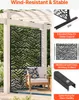 A decorative outdoor privacy screen with a leaf pattern, shown attached to a white pergola structure, with a chair and cushion in front of it. The right side of the image shows diagrams and text highlighting features. Náhľad obrázku produktu