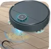 A robotic vacuum cleaner is cleaning a wooden floor, showing it picking up dirt and hair. Produktbild-Vorschau