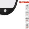 Close-up of a black LED outdoor light with a motion sensor, accompanied by marketing text and icons detailing its features. Produktbild-Vorschau