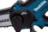 A close-up view of a teal and black Makita brand chainsaw, focusing on the motor housing and chain. Produktbild-Vorschau