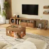 A living room scene featuring a wooden TV stand and coffee table, with cats interacting with the furniture. Voir les images du produit