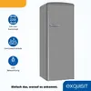 A gray retro-style refrigerator with feature icons and text. Produktbild-Vorschau