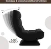A black floor chair is shown in a profile view, with arrows and text indicating its 360-degree swivel and adjustable backrest angles. Produktbild-Vorschau