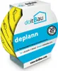 A roll of yellow tape with black text is shown inside a white and blue cardboard dispenser. Produktbild-Vorschau