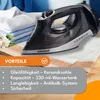 A black and silver steam iron is placed on a folded towel, with a stack of folded shirts in the background. Text overlays describe the product's features. Produktbild-Vorschau