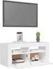 A modern white TV stand with a television mounted above it. Produktbild-Vorschau