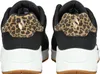 The back view of two black Skechers sneakers with leopard print accents. Voir les images du produit