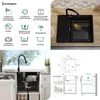 A collage of images showing a black granite sink with a faucet, technical drawings of the sink dimensions, and icons illustrating product features. Produktbild-Vorschau