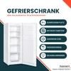 A white upright freezer with its door open, displayed alongside marketing text and icons highlighting its features. Produktbild-Vorschau