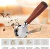A coffee portafilter with a wooden handle is shown on a wooden surface, with coffee beans scattered around it. Below the product are icons and text describing its features. Náhled obrázku produktu