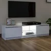 A white TV stand with a black TV on top, and a black media player on the stand. The stand has LED lighting. Produktbild-Vorschau
