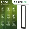 Marketing image for a LUMILED outdoor path light, showing product details and a lifestyle shot of the light. Produktbild-Vorschau
