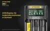 A Nitecore UMS4 battery charger with batteries inserted, displaying information on its LCD screen. Podgląd zdjęcia produktu