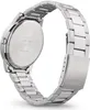 Close-up view of the back of a silver metal watch with a metal band. Voir les images du produit