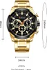 A gold and black men's watch with dimensions indicated by measurement lines and text. Produktbild-Vorschau
