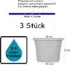 A product image showing a plant pot with dimensions and volume information, along with text indicating it is made in Europe and sold in a pack of 3. Produktbild-Vorschau