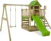 A wooden playground set with a slide, swings, and a playhouse. Náhled obrázku produktu
