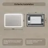Diagrams showing the dimensions of a backlit mirror and its rear mounting hardware, with accompanying text in German. Produktbild-Vorschau