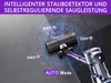 A cordless vacuum cleaner is shown on a floor with dust particles being picked up, illustrating its suction power. Produktbild-Vorschau