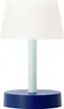 A table lamp with a white shade, a light blue stem, and a dark blue base. Produktbild-Vorschau