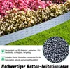 A garden border made of grey rattan-look plastic is shown in front of a flower bed and grass. A close-up of grey plastic pellets is in the lower right corner. Produktbild-Vorschau