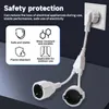 A white electrical splitter with two sockets is plugged into a wall socket. The image also features marketing text and icons. Voir les images du produit