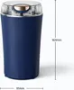 A blue electric coffee grinder with a clear lid, shown from the side with dimensions indicated. Produktbild-Vorschau
