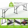 A white folding bench with metal legs, shown from a slightly elevated side angle. The image includes four smaller inset images at the bottom showcasing product details and features. Produktbild-Vorschau