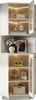 A white corner cabinet with glass doors, displaying various decorative items and storage boxes on its shelves. The cabinet is illuminated by LED strip lights. Produktbild-Vorschau