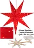 A red, star-shaped paper lantern with small white stars, designed for Christmas decoration, is shown hanging. A close-up of the lantern's fabric and a disassembled frame with LED lights are also visible. Podgląd zdjęcia produktu
