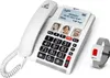 A white corded phone with a digital display and a wristband emergency alert device next to it, set against a white background. Náhled obrázku produktu